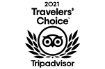 The image displays the 2021 Travelers' Choice award logo from Tripadvisor, featuring an owl icon surrounded by laurel leaves.