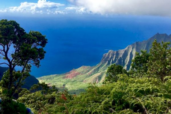 This image shows a beautiful landscape with lush green vegetation, a distant ocean view, and partially cloudy skies.