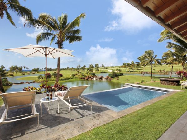 A serene outdoor setting with a pool, sun loungers, an umbrella, palm trees, a pond, and expansive green fields under a blue sky with some clouds.