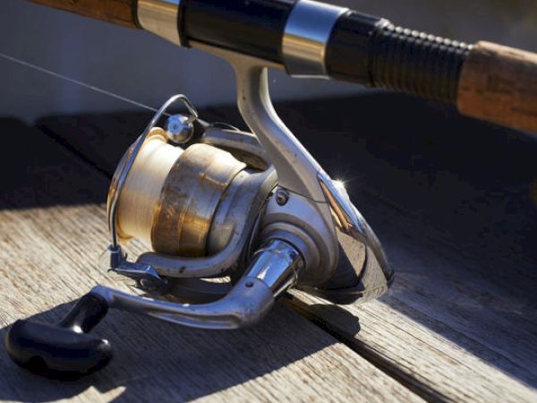 The image shows a fishing rod with a spinning reel resting on a wooden surface, likely outdoors.