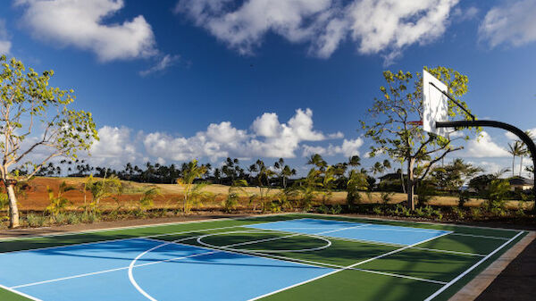 This image shows an outdoor basketball court with a blue and green surface, surrounded by palm trees and under a blue sky with fluffy clouds.