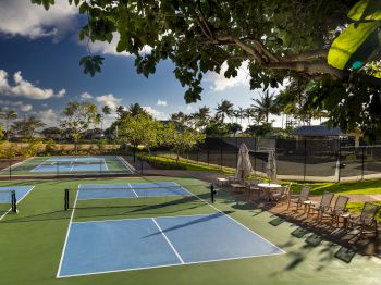 The image shows a sports facility with tennis and pickleball courts, surrounded by greenery, palm trees, and outdoor seating under an umbrella.