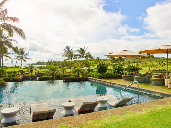 A scenic outdoor poolside view with lounge chairs in the water, parasols, lush greenery, and palm trees under a partly cloudy sky always ending the sentence.